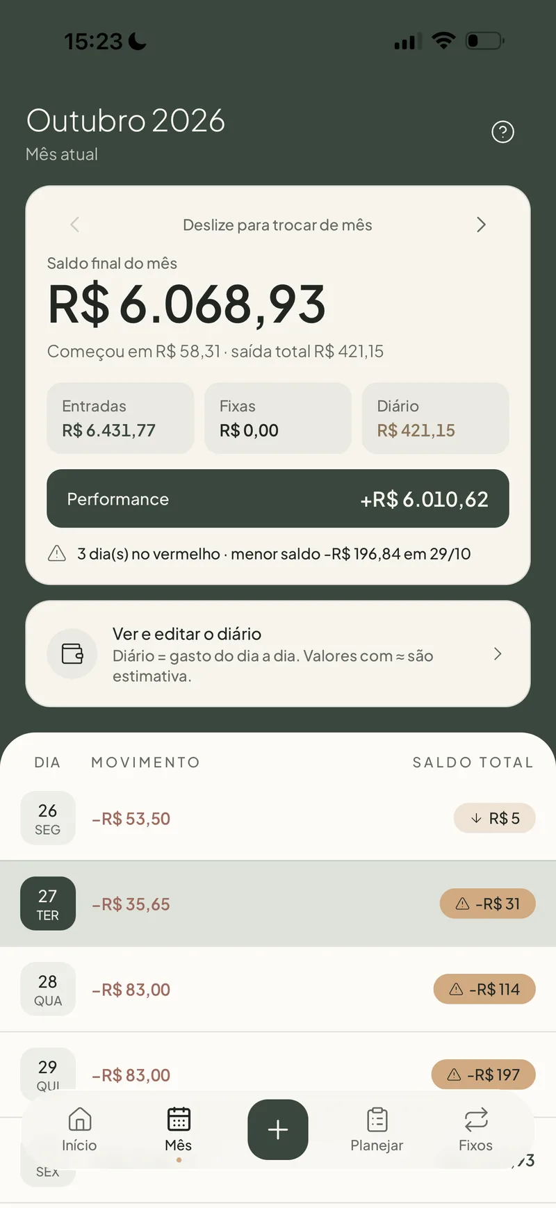 Tela Mês com entradas, saídas e saldo